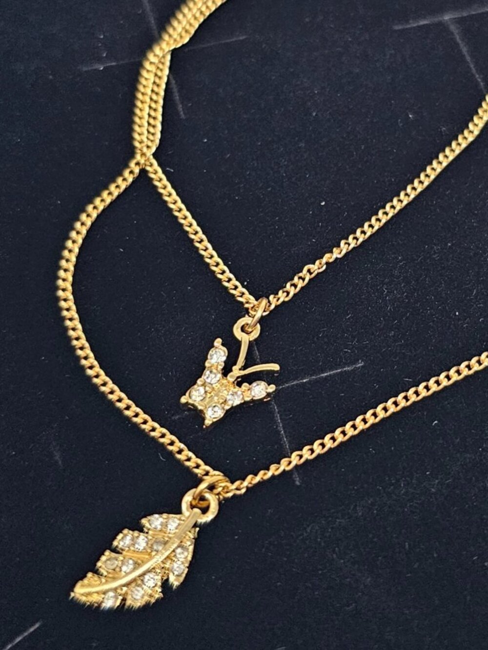 Double Chain Layered Dainty Charms Leaf Butterfly Necklace Gold Toned NWT
